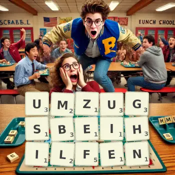 Kreative Illustration für ein Scrabble-Spiel, bei dem das Wort UMZUGSBEIHILFEN mit Steinen auf dem Brett gelegt wurde.