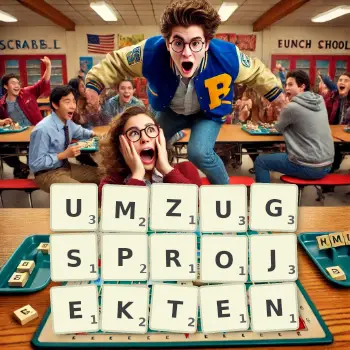 Kreative Illustration für ein Scrabble-Spiel, bei dem das Wort UMZUGSPROJEKTEN mit Steinen auf dem Brett gelegt wurde.