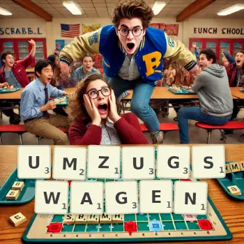 Kreative Illustration für ein Scrabble-Spiel, bei dem das Wort UMZUGSWAGEN mit Steinen auf dem Brett gelegt wurde.