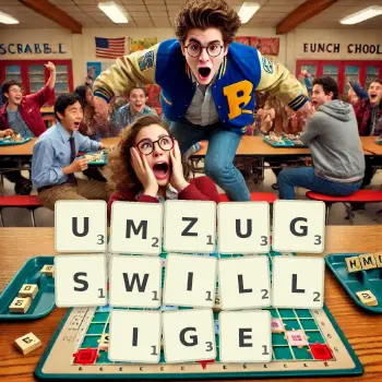 Kreative Illustration für ein Scrabble-Spiel, bei dem das Wort UMZUGSWILLIGE mit Steinen auf dem Brett gelegt wurde.