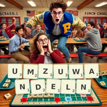 Kreative Illustration für ein Scrabble-Spiel, bei dem das Wort UMZUWANDELN mit Steinen auf dem Brett gelegt wurde.