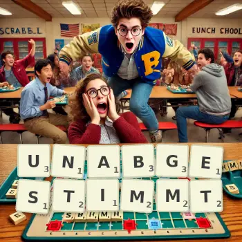 Kreative Illustration für ein Scrabble-Spiel, bei dem das Wort UNABGESTIMMT mit Steinen auf dem Brett gelegt wurde.