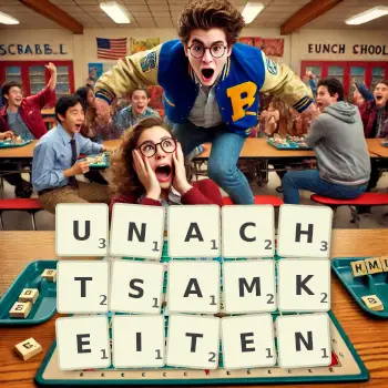 Kreative Illustration für ein Scrabble-Spiel, bei dem das Wort UNACHTSAMKEITEN mit Steinen auf dem Brett gelegt wurde.
