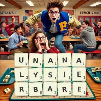 Kreative Illustration für ein Scrabble-Spiel, bei dem das Wort UNANALYSIERBARE mit Steinen auf dem Brett gelegt wurde.