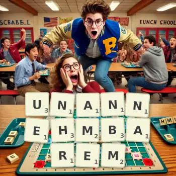 Kreative Illustration für ein Scrabble-Spiel, bei dem das Wort UNANNEHMBAREM mit Steinen auf dem Brett gelegt wurde.