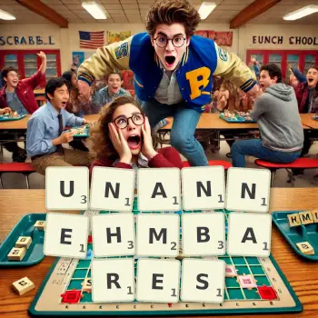 Kreative Illustration für ein Scrabble-Spiel, bei dem das Wort UNANNEHMBARES mit Steinen auf dem Brett gelegt wurde.