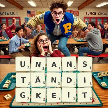 Kreative Illustration für ein Scrabble-Spiel, bei dem das Wort UNANSTÄNDIGKEIT mit Steinen auf dem Brett gelegt wurde.