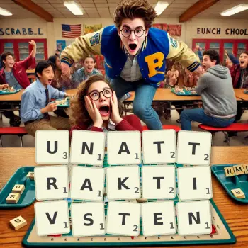 Kreative Illustration für ein Scrabble-Spiel, bei dem das Wort UNATTRAKTIVSTEN mit Steinen auf dem Brett gelegt wurde.