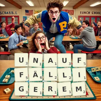 Kreative Illustration für ein Scrabble-Spiel, bei dem das Wort UNAUFFÄLLIGEREM mit Steinen auf dem Brett gelegt wurde.