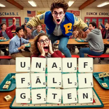 Kreative Illustration für ein Scrabble-Spiel, bei dem das Wort UNAUFFÄLLIGSTEN mit Steinen auf dem Brett gelegt wurde.