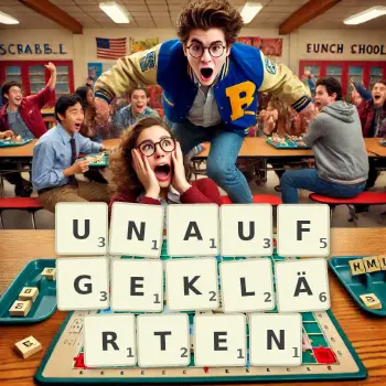 Kreative Illustration für ein Scrabble-Spiel, bei dem das Wort UNAUFGEKLÄRTEN mit Steinen auf dem Brett gelegt wurde.