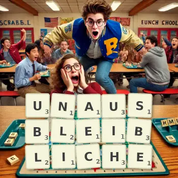 Kreative Illustration für ein Scrabble-Spiel, bei dem das Wort UNAUSBLEIBLICHE mit Steinen auf dem Brett gelegt wurde.