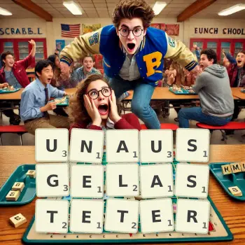 Kreative Illustration für ein Scrabble-Spiel, bei dem das Wort UNAUSGELASTETER mit Steinen auf dem Brett gelegt wurde.
