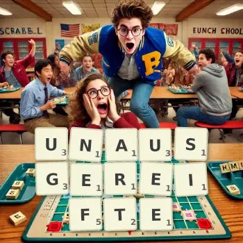 Kreative Illustration für ein Scrabble-Spiel, bei dem das Wort UNAUSGEREIFTE mit Steinen auf dem Brett gelegt wurde.