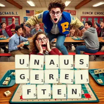 Kreative Illustration für ein Scrabble-Spiel, bei dem das Wort UNAUSGEREIFTEN mit Steinen auf dem Brett gelegt wurde.