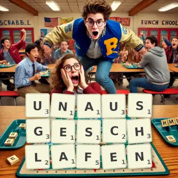 Kreative Illustration für ein Scrabble-Spiel, bei dem das Wort UNAUSGESCHLAFEN mit Steinen auf dem Brett gelegt wurde.