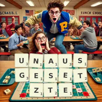 Kreative Illustration für ein Scrabble-Spiel, bei dem das Wort UNAUSGESETZTE mit Steinen auf dem Brett gelegt wurde.