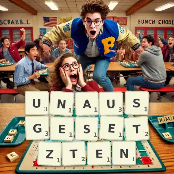 Kreative Illustration für ein Scrabble-Spiel, bei dem das Wort UNAUSGESETZTEN mit Steinen auf dem Brett gelegt wurde.