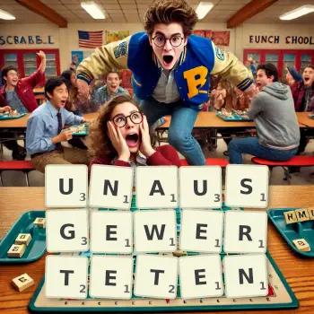 Kreative Illustration für ein Scrabble-Spiel, bei dem das Wort UNAUSGEWERTETEN mit Steinen auf dem Brett gelegt wurde.