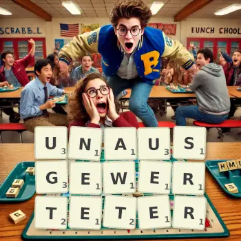 Kreative Illustration für ein Scrabble-Spiel, bei dem das Wort UNAUSGEWERTETER mit Steinen auf dem Brett gelegt wurde.