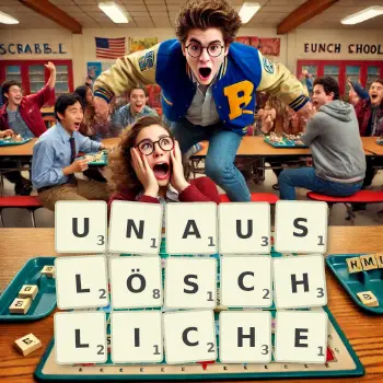 Kreative Illustration für ein Scrabble-Spiel, bei dem das Wort UNAUSLÖSCHLICHE mit Steinen auf dem Brett gelegt wurde.