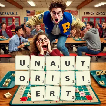 Kreative Illustration für ein Scrabble-Spiel, bei dem das Wort UNAUTORISIERT mit Steinen auf dem Brett gelegt wurde.