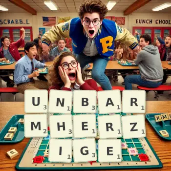 Kreative Illustration für ein Scrabble-Spiel, bei dem das Wort UNBARMHERZIGE mit Steinen auf dem Brett gelegt wurde.