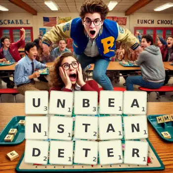 Kreative Illustration für ein Scrabble-Spiel, bei dem das Wort UNBEANSTANDETER mit Steinen auf dem Brett gelegt wurde.