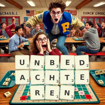 Kreative Illustration für ein Scrabble-Spiel, bei dem das Wort UNBEDACHTEREN mit Steinen auf dem Brett gelegt wurde.