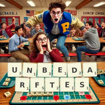 Kreative Illustration für ein Scrabble-Spiel, bei dem das Wort UNBEDARFTES mit Steinen auf dem Brett gelegt wurde.