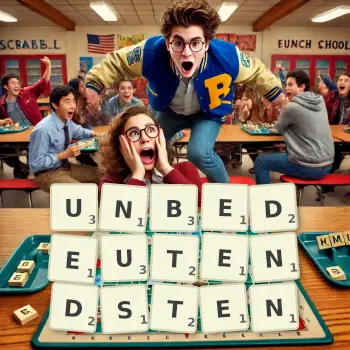 Kreative Illustration für ein Scrabble-Spiel, bei dem das Wort UNBEDEUTENDSTEN mit Steinen auf dem Brett gelegt wurde.