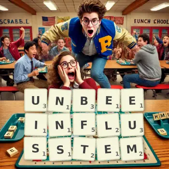 Kreative Illustration für ein Scrabble-Spiel, bei dem das Wort UNBEEINFLUSSTEM mit Steinen auf dem Brett gelegt wurde.