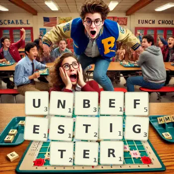 Kreative Illustration für ein Scrabble-Spiel, bei dem das Wort UNBEFESTIGTER mit Steinen auf dem Brett gelegt wurde.