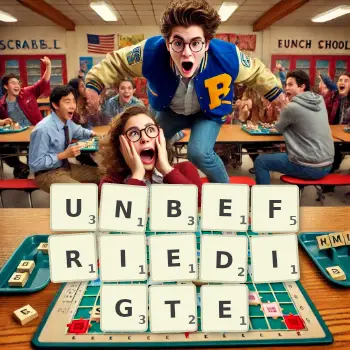 Kreative Illustration für ein Scrabble-Spiel, bei dem das Wort UNBEFRIEDIGTE mit Steinen auf dem Brett gelegt wurde.