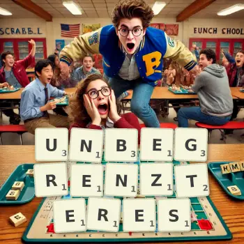 Kreative Illustration für ein Scrabble-Spiel, bei dem das Wort UNBEGRENZTERES mit Steinen auf dem Brett gelegt wurde.