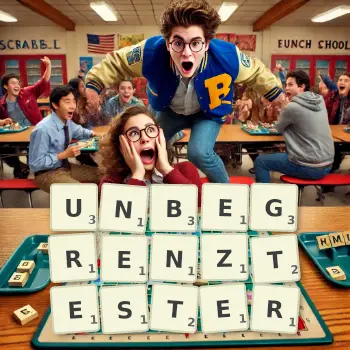 Kreative Illustration für ein Scrabble-Spiel, bei dem das Wort UNBEGRENZTESTER mit Steinen auf dem Brett gelegt wurde.