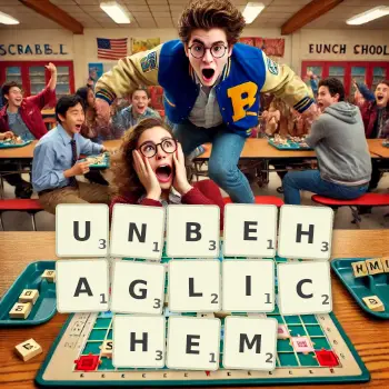 Kreative Illustration für ein Scrabble-Spiel, bei dem das Wort UNBEHAGLICHEM mit Steinen auf dem Brett gelegt wurde.