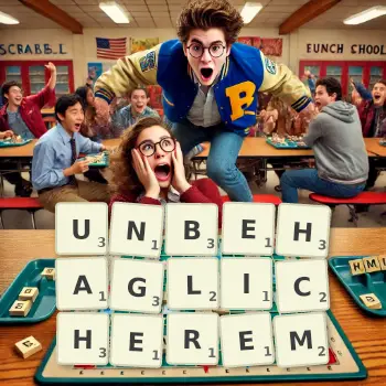 Kreative Illustration für ein Scrabble-Spiel, bei dem das Wort UNBEHAGLICHEREM mit Steinen auf dem Brett gelegt wurde.