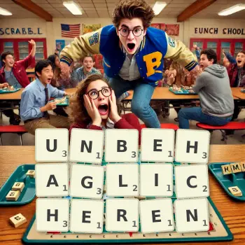 Kreative Illustration für ein Scrabble-Spiel, bei dem das Wort UNBEHAGLICHEREN mit Steinen auf dem Brett gelegt wurde.