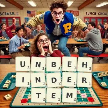 Kreative Illustration für ein Scrabble-Spiel, bei dem das Wort UNBEHINDERTEM mit Steinen auf dem Brett gelegt wurde.