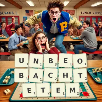 Kreative Illustration für ein Scrabble-Spiel, bei dem das Wort UNBEOBACHTETEM mit Steinen auf dem Brett gelegt wurde.