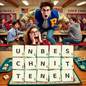 Kreative Illustration für ein Scrabble-Spiel, bei dem das Wort UNBESCHNITTENEN mit Steinen auf dem Brett gelegt wurde.