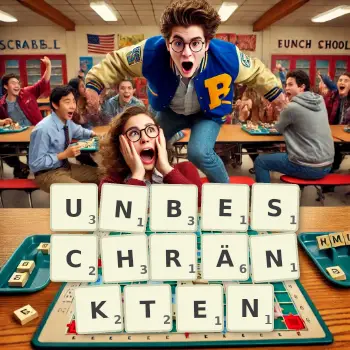 Kreative Illustration für ein Scrabble-Spiel, bei dem das Wort UNBESCHRÄNKTEN mit Steinen auf dem Brett gelegt wurde.