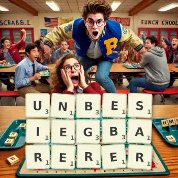 Kreative Illustration für ein Scrabble-Spiel, bei dem das Wort UNBESIEGBARERER mit Steinen auf dem Brett gelegt wurde.