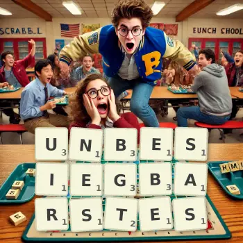 Kreative Illustration für ein Scrabble-Spiel, bei dem das Wort UNBESIEGBARSTES mit Steinen auf dem Brett gelegt wurde.