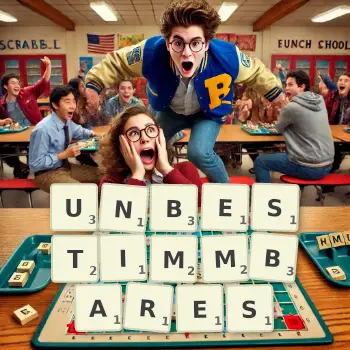 Kreative Illustration für ein Scrabble-Spiel, bei dem das Wort UNBESTIMMBARES mit Steinen auf dem Brett gelegt wurde.