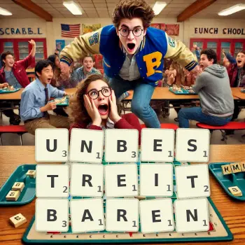 Kreative Illustration für ein Scrabble-Spiel, bei dem das Wort UNBESTREITBAREN mit Steinen auf dem Brett gelegt wurde.