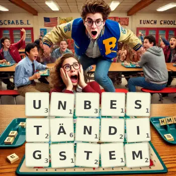 Kreative Illustration für ein Scrabble-Spiel, bei dem das Wort UNBESTÄNDIGSTEM mit Steinen auf dem Brett gelegt wurde.