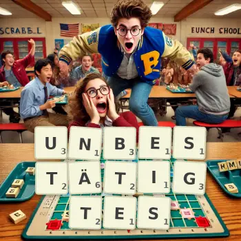 Kreative Illustration für ein Scrabble-Spiel, bei dem das Wort UNBESTÄTIGTES mit Steinen auf dem Brett gelegt wurde.