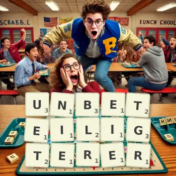 Kreative Illustration für ein Scrabble-Spiel, bei dem das Wort UNBETEILIGTERER mit Steinen auf dem Brett gelegt wurde.